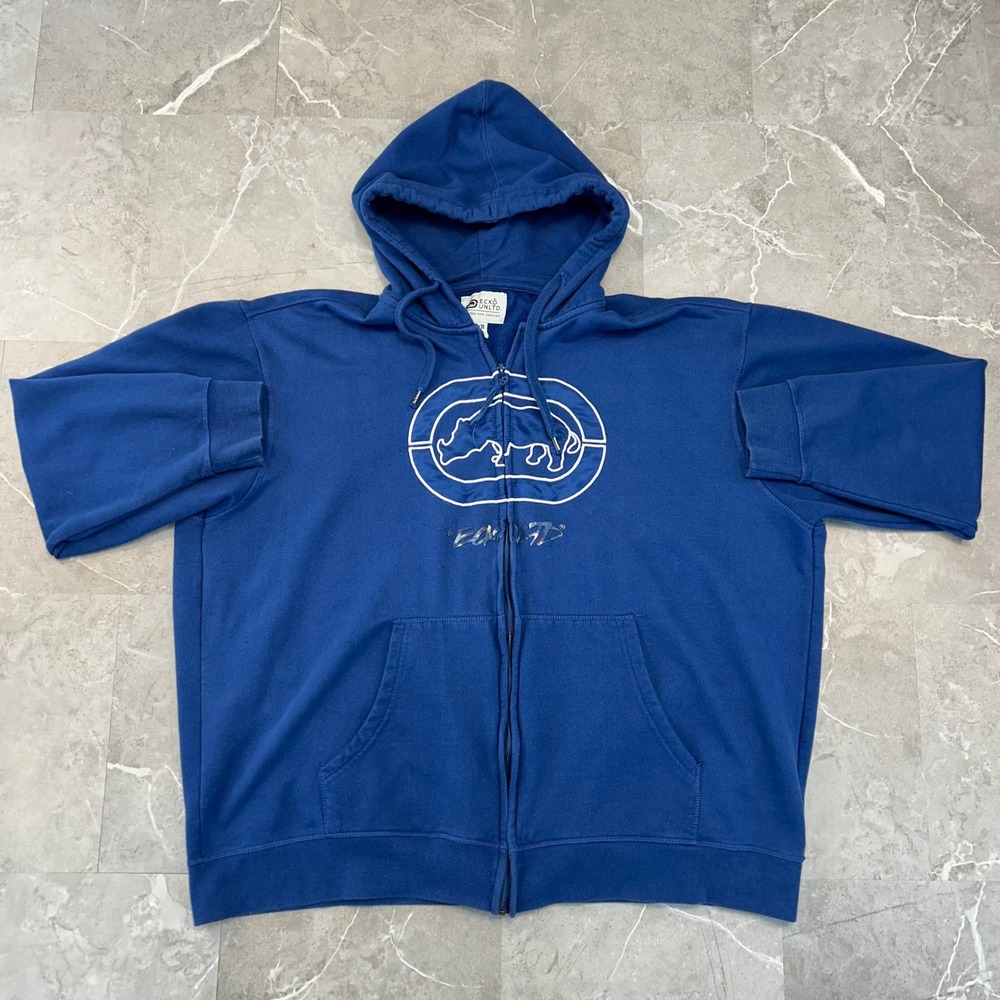 Vintage Ecko Unltd Hoodie Men 4XB Full Zip Sweatshirt 4XL Blue Hip Hop Skate Rap
